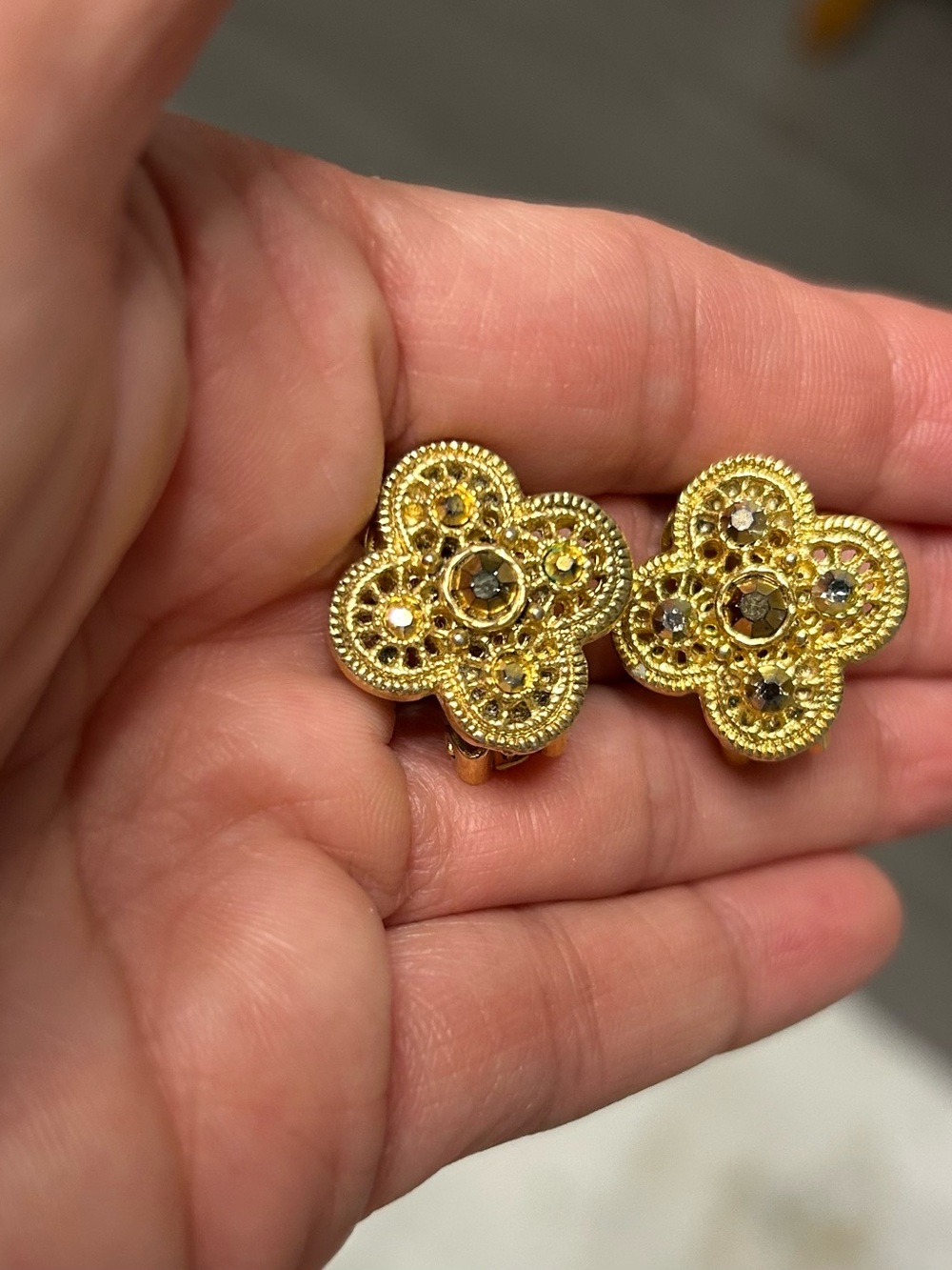 Gold Floral Crystal Clip-On Earrings - Gold Tone